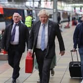 Boris Johnson at Preston train station during his previous visit to the county in April. Picture by Andrew Parsons CCHQ / Parsons Media