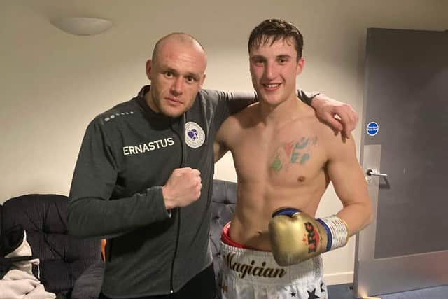 Seamus "The Celtic Cobra" Devlin (left) with opponent Luca "The Magician" Micheletti at The Ironworks, Inverness