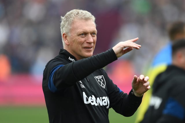 LONDON, ENGLAND - MAY 15: David Moyes, Manager of West Ham United interacts with the crowd following their final Home Game for West Ham United during the Premier League match between West Ham United and Manchester City at London Stadium on May 15, 2022 in London, England. (Photo by Mike Hewitt/Getty Images)