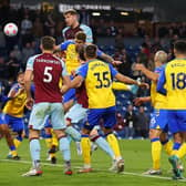 BURNLEY, ENGLAND - APRIL 21: Nathan Collins of Burnley scores their side's second goal during the Premier League match between Burnley and Southampton at Turf Moor on April 21, 2022 in Burnley, England. (Photo by Catherine Ivill/Getty Images)