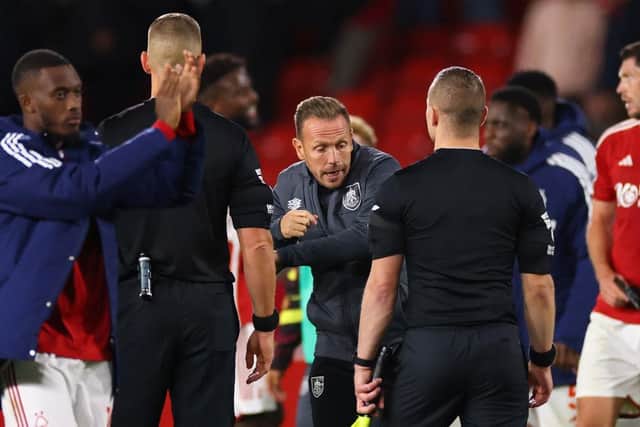 NOTTINGHAM, ENGLAND - SEPTEMBER 18: Craig Bellamy, Assistant Manager of Burnley reacts towards Referee Robert Jones after the Premier League match between Nottingham Forest and Burnley FC at City Ground on September 18, 2023 in Nottingham, England. (Photo by Marc Atkins/Getty Images)