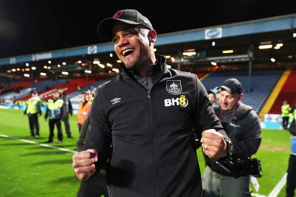 BLACKBURN, ENGLAND - APRIL 25: Vincent Kompany, Manager of Burnley, celebrates after winning the Sky Bet Championship following victory against the Blackburn Rovers and Burnley at Ewood Park on April 25, 2023 in Blackburn, England. (Photo by Matt McNulty/Getty Images)