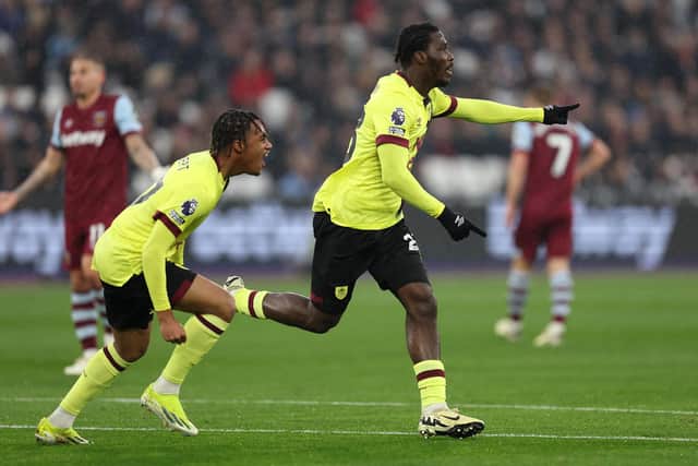 LONDON, ENGLAND - MARCH 10:  Datro Fofana of Burnley celebrates scoring his team's first goal during the Premier League match between West Ham United and Burnley FC at the London Stadium on March 10, 2024 in London, England. (Photo by Julian Finney/Getty Images)