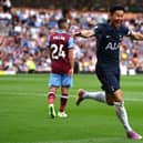 BURNLEY, ENGLAND - SEPTEMBER 02: Heung-Min Son of Tottenham Hotspur celebrates after scoring the team's fourth goal during the Premier League match between Burnley FC and Tottenham Hotspur at Turf Moor on September 02, 2023 in Burnley, England. (Photo by Gareth Copley/Getty Images)