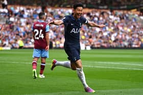 BURNLEY, ENGLAND - SEPTEMBER 02: Heung-Min Son of Tottenham Hotspur celebrates after scoring the team's fourth goal during the Premier League match between Burnley FC and Tottenham Hotspur at Turf Moor on September 02, 2023 in Burnley, England. (Photo by Gareth Copley/Getty Images)