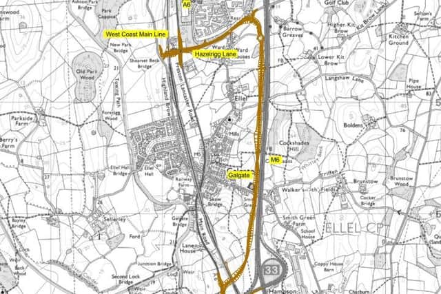 The new link road shown on a map marking out its slightly revised route (image via Lancashire County Council)