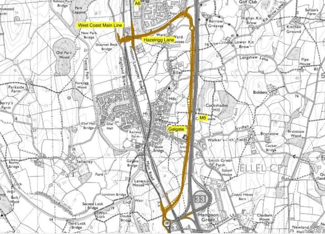 The new link road shown on a map marking out its slightly revised route (image via Lancashire County Council)