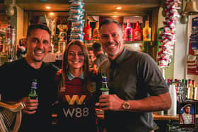 Royal Dyche owner Justine Bedford with Gary Neville and Jamie Carragher. Photo: Ursa Major Media