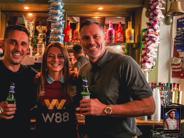 Royal Dyche owner Justine Bedford with Gary Neville and Jamie Carragher. Photo: Ursa Major Media