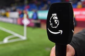 An Amazon Prime microphone is pictured ahead of the English Premier League football match between Burnley and Manchester City at Turf Moor in Burnley, north west England on December 3, 2019. (Photo by Paul ELLIS / AFP) / RESTRICTED TO EDITORIAL USE. No use with unauthorized audio, video, data, fixture lists, club/league logos or 'live' services. Online in-match use limited to 120 images. An additional 40 images may be used in extra time. No video emulation. Social media in-match use limited to 120 images. An additional 40 images may be used in extra time. No use in betting publications, games or single club/league/player publications. /  (Photo by PAUL ELLIS/AFP via Getty Images)