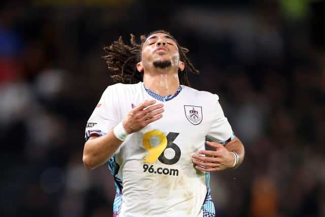 HULL, ENGLAND - OCTOBER 23: Luca Koleosho of Burnley reacts  during the Sky Bet Championship match between Hull City AFC and Burnley FC at MKM Stadium on October 23, 2024 in Hull, England. (Photo by George Wood/Getty Images)