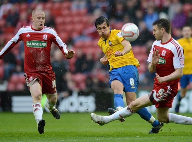 MIDDLESBROUGH, ENGLAND - APRIL 21:  Jack Cork of Southampton shoots past Stephen McManus of Middlesborough during the npower Championship between Middlesbrough and Southampton at Riverside Stadium on April 21, 2012 in Middlesbrough, England.  (Photo by Gareth Copley/Getty Images)
