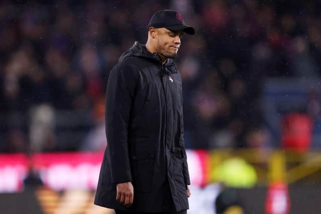 BURNLEY, ENGLAND - NOVEMBER 04: Vincent Kompany, Manager of Burnley, looks dejected at full-time after their team's defeat in the Premier League match between Burnley FC and Crystal Palace at Turf Moor on November 04, 2023 in Burnley, England. (Photo by George Wood/Getty Images)