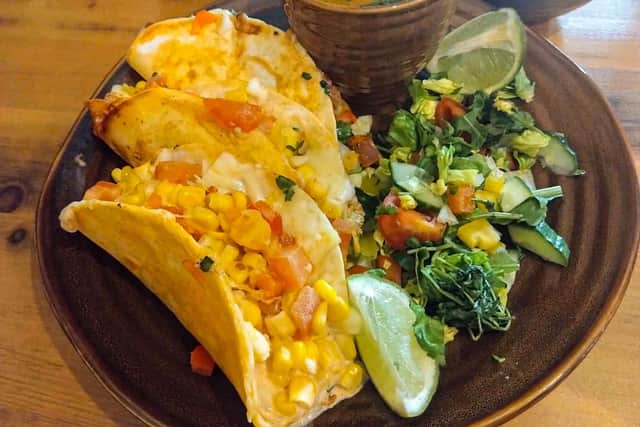 Tacos with street corn and halloumi at La Escotilla Taco & Tequila Bar, a new Mexican street food restaurant in St James' Street, Burnley.