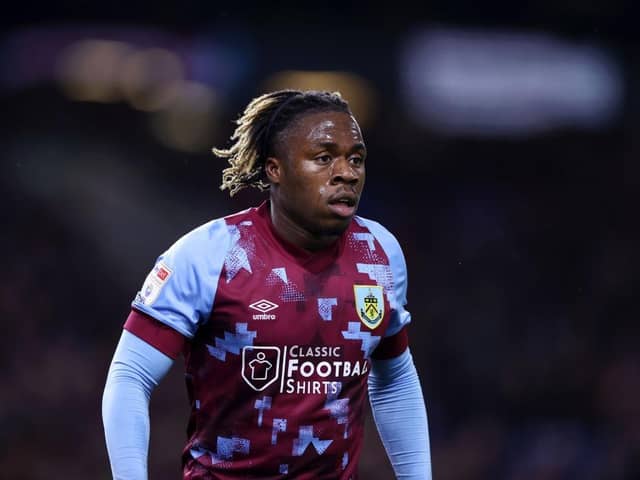 BURNLEY, ENGLAND - MARCH 31:  Michael Obafemi of Burnley looks on during the Sky Bet Championship between Burnley and Sunderland at Turf Moor on March 31, 2023 in Burnley, England. (Photo by Naomi Baker/Getty Images)