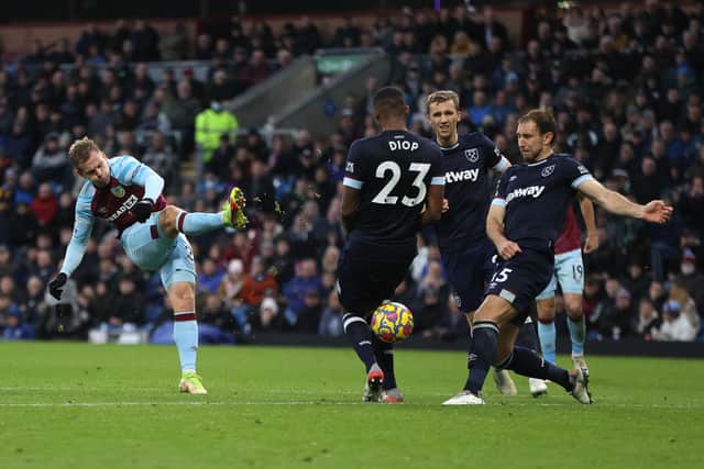BURNLEY, ENGLAND - DECEMBER 12: Matej Vydra of Burnley has a shot on goal during the Premier League match between Burnley and West Ham United at Turf Moor on December 12, 2021 in Burnley, England. (Photo by Clive Brunskill/Getty Images)