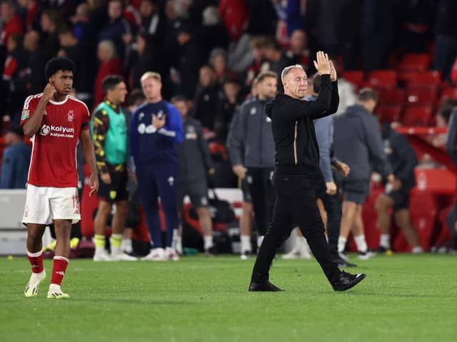 NOTTINGHAM, ENGLAND - AUGUST 30: Steve Cooper, Manager of Nottingham Forest, applauds the fans at full-time following the Carabao Cup Second Round match between Nottingham Forest and Burnley at City Ground on August 30, 2023 in Nottingham, England. (Photo by Nathan Stirk/Getty Images)