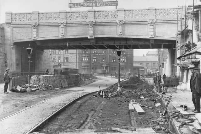 Photo taken in 1926 shows the construction of the new aqueduct (replacing an earlier structure) and the laying of tram lines on Yorkshire Street. In the distance you can see the old Yorkshire Hotel, which has since been demolished. Credit: Lancashire Archives and Local Studies.