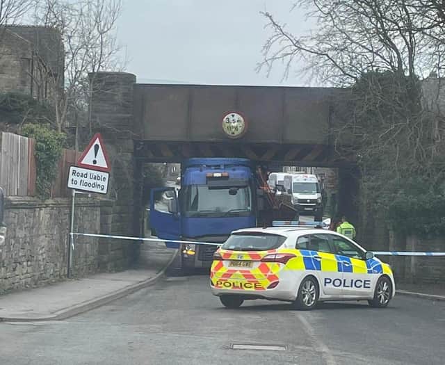 A truck became wedged under a railway bridge in Waddington Road in Clitheroe this morning.