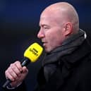 LEICESTER, ENGLAND - MARCH 21: BBC Presenter Alan Shearer during the Emirates FA Cup Quarter Final match between Leicester City and Manchester United at The King Power Stadium on March 21, 2021 in Leicester, England. Sporting stadiums around the UK remain under strict restrictions due to the Coronavirus Pandemic as Government social distancing laws prohibit fans inside venues resulting in games being played behind closed doors.  (Photo by Alex Pantling/Getty Images)