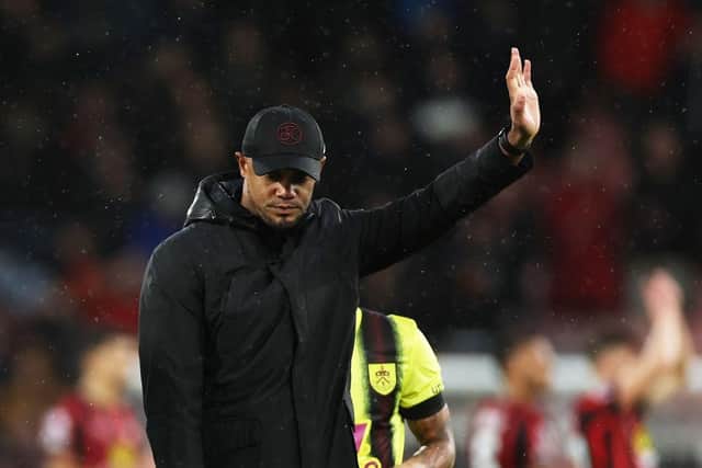 BOURNEMOUTH, ENGLAND - OCTOBER 28: Vincent Kompany, Manager of Burnley, acknowledges the fans after the team's defeat in the Premier League match between AFC Bournemouth and Burnley FC at Vitality Stadium on October 28, 2023 in Bournemouth, England. (Photo by Eddie Keogh/Getty Images)