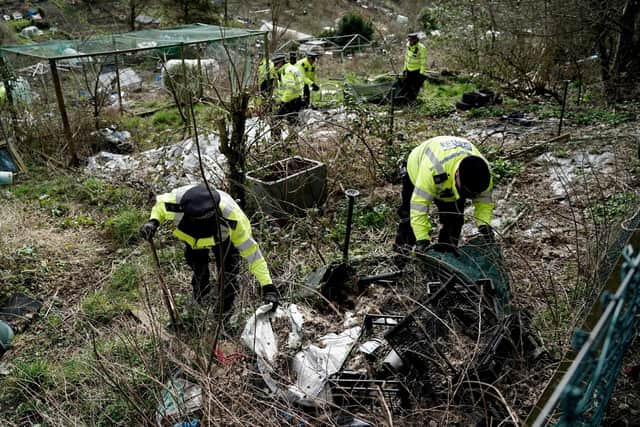Police search teams in Roedale Valley Allotments, Brighton, where an urgent search operation is underway to find the missing baby of Constance Marten, who has not had any medical attention since birth in early January (Credit: Jordan Pettitt/ PA)