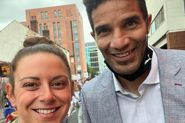 Justine Lorriman of the Royal Dyche pub in Burnley was delighted to meet former England player David James at the semi finals of Euro 2022 on Tuesday night