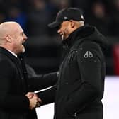 BURNLEY, ENGLAND - DECEMBER 16: Sean Dyche, Manager of Everton, (L) and Vincent Kompany, Manager of Burnley, shake hands prior to the Premier League match between Burnley FC and Everton FC at Turf Moor on December 16, 2023 in Burnley, England. (Photo by Gareth Copley/Getty Images)
