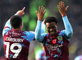 BURNLEY, ENGLAND - NOVEMBER 13: Anass Zaroury of Burnley celebrates with teammate Nathan Tella after scoring their side's second goal during the Sky Bet Championship between Burnley and Blackburn Rovers at Turf Moor on November 13, 2022 in Burnley, England. (Photo by Nathan Stirk/Getty Images)