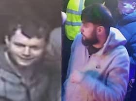Police are asking for the public's help to trace these two men in connection with a serious assault in a Burnley pub (Credit: Lancashire Police)