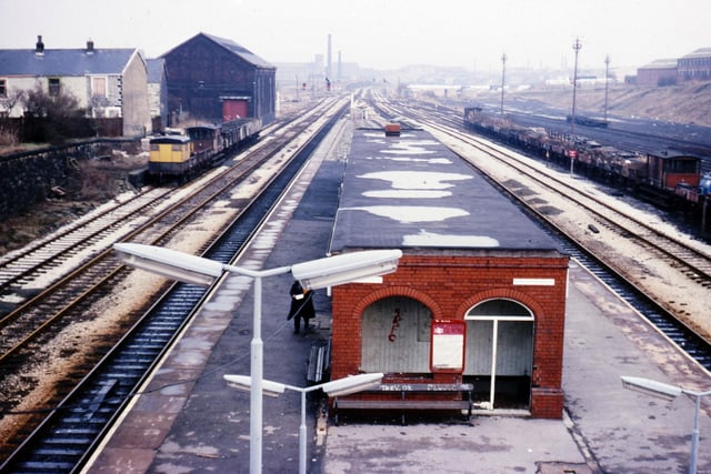 Rosegrove Railway Station before the houses on the left and goods sheds were demolished to make way for the start of the M65 in April, 1977