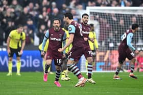 LONDON, ENGLAND - MARCH 10: Danny Ings of West Ham United celebrates scoring his team's second goal during the Premier League match between West Ham United and Burnley FC at the London Stadium on March 10, 2024 in London, England. (Photo by Justin Setterfield/Getty Images)