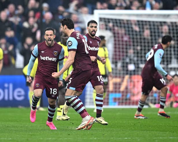 LONDON, ENGLAND - MARCH 10: Danny Ings of West Ham United celebrates scoring his team's second goal during the Premier League match between West Ham United and Burnley FC at the London Stadium on March 10, 2024 in London, England. (Photo by Justin Setterfield/Getty Images)