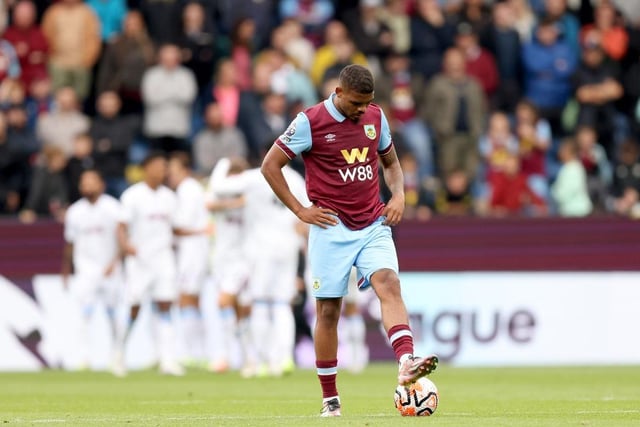 BURNLEY, ENGLAND - AUGUST 27: Lyle Foster of Burnley appears dejected as Moussa Diaby of Aston Villa (not pictured) scores the team's third goal during the Premier League match between Burnley FC and Aston Villa at Turf Moor on August 27, 2023 in Burnley, England. (Photo by George Wood/Getty Images)