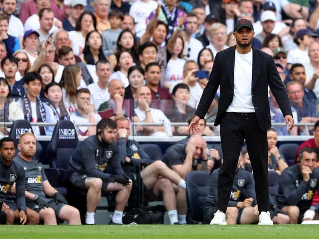 LONDON, ENGLAND - MAY 11: Vincent Kompany, Manager of Burnley, looks on during the Premier League match between Tottenham Hotspur and Burnley FC at Tottenham Hotspur Stadium on May 11, 2024 in London, England. (Photo by Bryn Lennon/Getty Images)