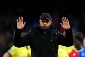 LONDON, ENGLAND - FEBRUARY 24: Vincent Kompany, Manager of Burnley, acknowledges the fans following the team's defeat during the Premier League match between Crystal Palace and Burnley FC at Selhurst Park on February 24, 2024 in London, England. (Photo by Alex Davidson/Getty Images)