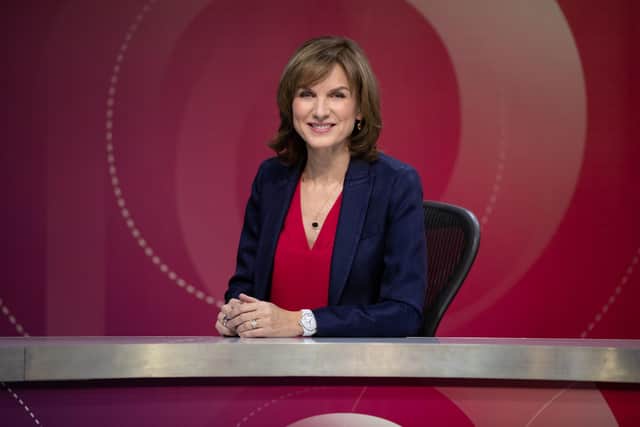 For use in UK, Ireland or Benelux countries only Undated BBC handout photo of Fiona Bruce on the set of Question Time. Question Time is returning to TV screens - days after the pay of its host Fiona Bruce was revealed. The flagship BBC One political show will be back Thursday with a slightly larger virtual audience than in the last series.