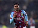 HULL, ENGLAND - MARCH 15: Nathan Tella of Burnley celebrates after scoring the team's third and his hattrick goal during the Sky Bet Championship between Hull City and Burnley at MKM Stadium on March 15, 2023 in Hull, England. (Photo by George Wood/Getty Images)