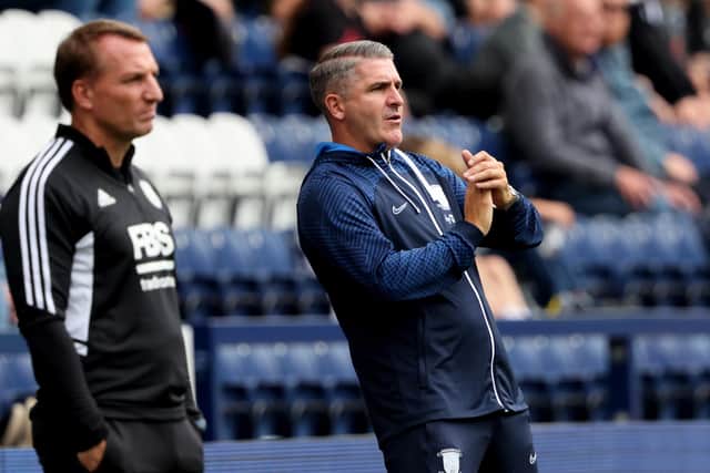 PRESTON, ENGLAND - JULY 23: Ryan Lowe, Manager of Preston North End react during the Pre-Season Friendly Match between Preston North End and Leicester City at Deepdale on July 23, 2022 in Preston, England. (Photo by Clive Brunskill/Getty Images)
