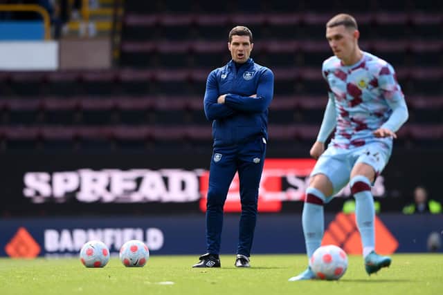BURNLEY, ENGLAND - APRIL 24: Mike Jackson, Interim Manager of Burnley, looks on prior to kick off of the Premier League match between Burnley and Wolverhampton Wanderers at Turf Moor on April 24, 2022 in Burnley, England. (Photo by Stu Forster/Getty Images)