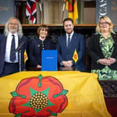 At the signing of Lancashire's devolution deal at Lancaster Castle in November: [from left] Blackburn with Darwen Council leader Phil Riley, Lancashire County Council leader Phillippa Williamson, Levelling Up Minister Jacob Young and Blackpool Council leader Lynn Williams after the devolution deal was signed at Lancaster Castle (image: Martin Bostock Photography)