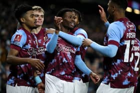 Burnley's Nathan Tella (centre) celebrates scoring the opening goal with teammates 

The Emirates FA Cup Fourth Round Replay - Burnley v Ipswich Town - Tuesday 7th February 2023 - Turf Moor - Burnley