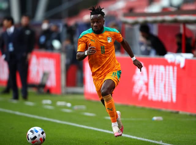 UTRECHT, NETHERLANDS - OCTOBER 13: Maxwel Cornet of Ivory Coast in action during the international friendly match between Japan and Ivory Coast at Stadion Galgenwaard on October 13, 2020 in Utrecht, Netherlands. (Photo by Dean Mouhtaropoulos/Getty Images)