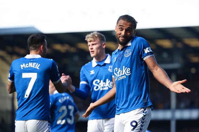 LIVERPOOL, ENGLAND - APRIL 06: Dominic Calvert-Lewin of Everton celebrates scoring his team's first goal during the Premier League match between Everton FC and Burnley FC at Goodison Park on April 06, 2024 in Liverpool, England. (Photo by Matt McNulty/Getty Images) (Photo by Matt McNulty/Getty Images)