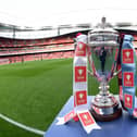 LONDON, ENGLAND - APRIL 25: A detailed view of the FA Youth Cup trophy is seen on a plinth prior to the FA Youth Cup Final match between Arsenal U18 and West Ham United U18 at Emirates Stadium on April 25, 2023 in London, England. (Photo by David Price/Arsenal FC via Getty Images)