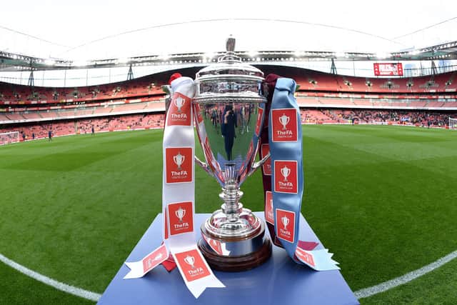 LONDON, ENGLAND - APRIL 25: A detailed view of the FA Youth Cup trophy is seen on a plinth prior to the FA Youth Cup Final match between Arsenal U18 and West Ham United U18 at Emirates Stadium on April 25, 2023 in London, England. (Photo by David Price/Arsenal FC via Getty Images)
