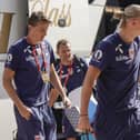Norway's players Sander Berge (L) and Erling Braut Haaland arrive prior to the UEFA Euro 2024 group A qualification football match between Norway and Scotland in Oslo on June 17, 2023. (Photo by Heiko Junge / NTB / AFP) / Norway OUT (Photo by HEIKO JUNGE/NTB/AFP via Getty Images)