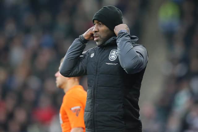 HUDDERSFIELD, ENGLAND - JANUARY 13:Huddersfield Town manager Darren Moore during the Sky Bet Championship match between Huddersfield Town and Plymouth Argyle at John Smith's Stadium on January 13, 2024 in Huddersfield, England. (Photo by Ed Sykes/Getty Images)