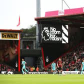 BOURNEMOUTH, ENGLAND - OCTOBER 21: A general view of the inside of the stadium as the 'No Room For Racism' logo is seen on the LED Screen during the Premier League match between AFC Bournemouth and Wolverhampton Wanderers at Vitality Stadium on October 21, 2023 in Bournemouth, England. (Photo by Steve Bardens/Getty Images)