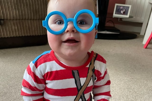 Archie, nearly eight months, ready for his baby sensory class as Where’s Wally!